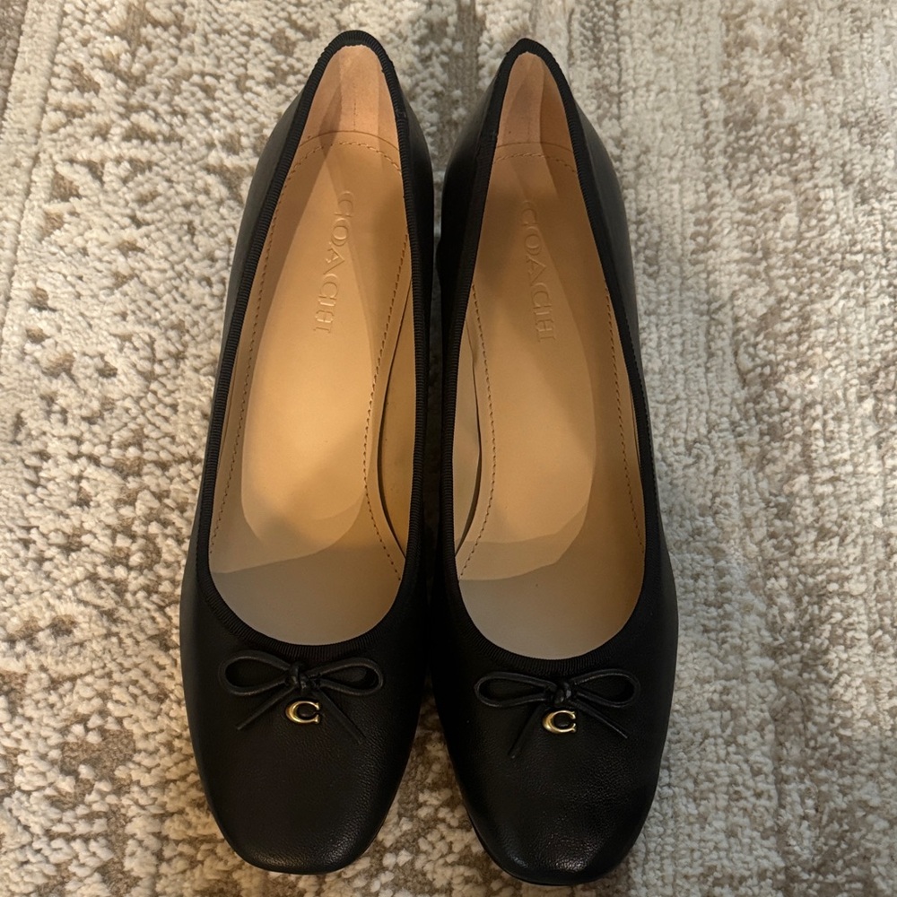 Coach Black Leather Flats with Bow Detail
